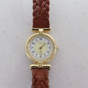 Gold and Brown leather braided strap ladies watch